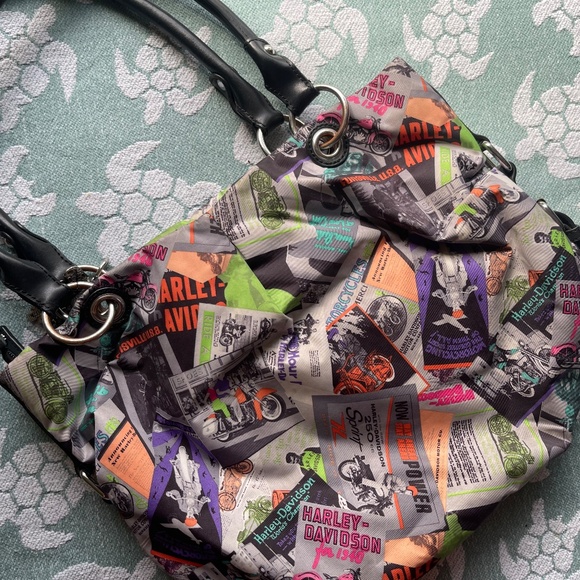 HARLEY DAVIDSON Multicolor Black Leather Top Handle Satchel Motorcycle Graphics - Picture 4 of 12